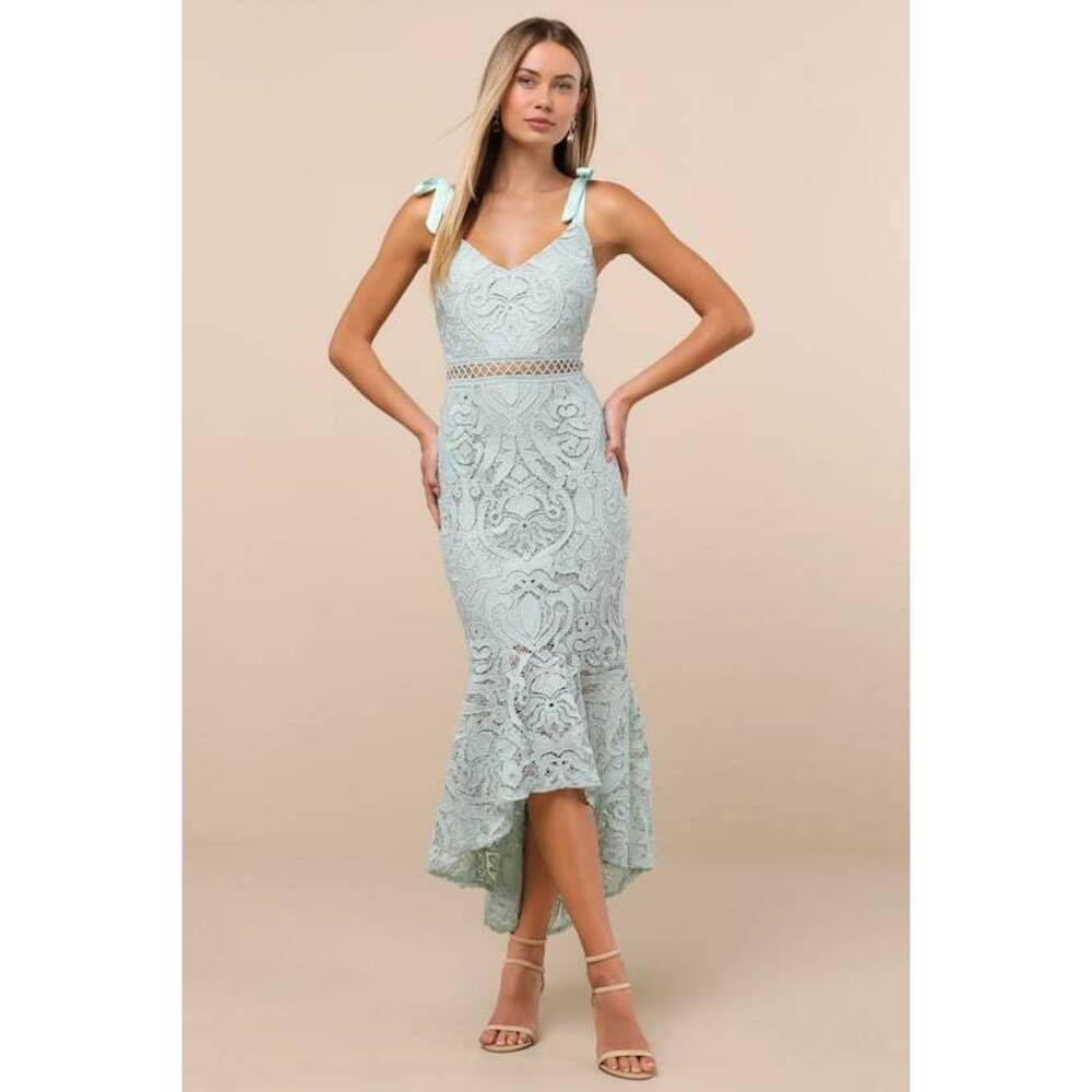 Lulus Won Your Heart Sage Green Lace Tie-strap High-low Midi Dress - Size M